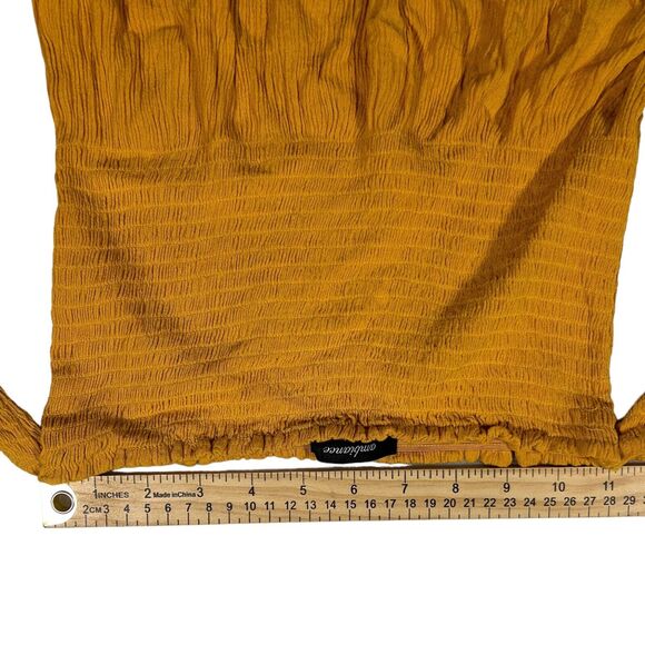 Ambiance Smocked Off Shoulder ￼￼￼Crop Top Size S Mustard Yellow Coquette - Picture 3 of 7